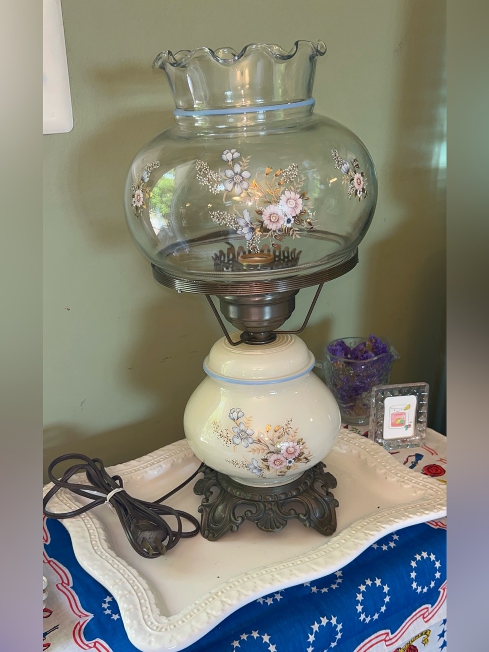 Vintage Gone with Wind Style Hurricane Lamp handpainted floral motif 3 Way Light